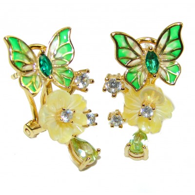 Green Butterflies Genuine Enamel Gold over .925 Sterling Silver handcrafted Earrings