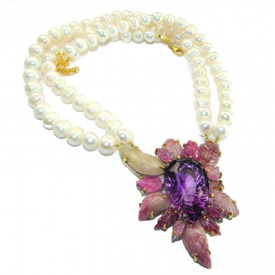 Exquisite genuine Amethyst Ruby Pearl 14K Gold over .925 Sterling Silver handcrafted HUGE Necklace